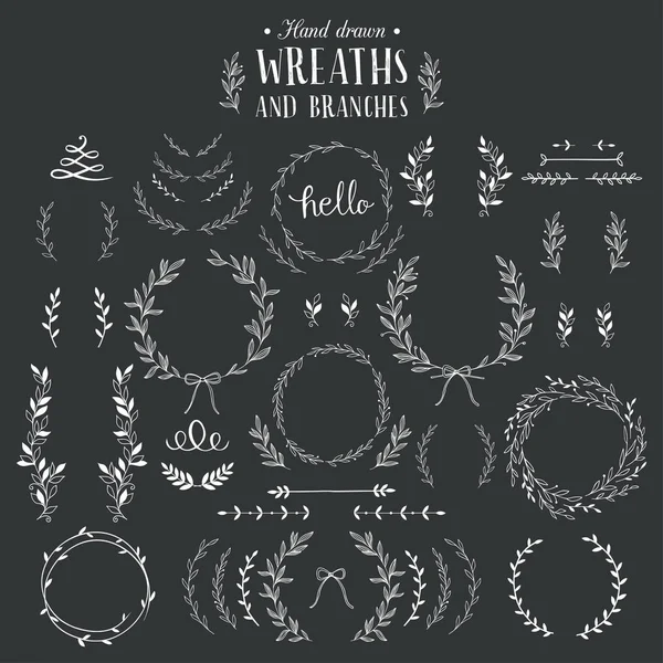 Collection Hand Drawn Laurels Wreaths Branches — Stock Vector