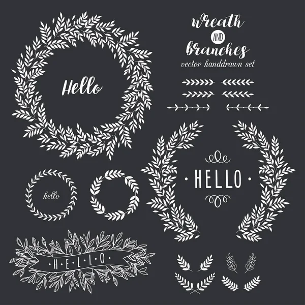 Collection Hand Drawn Vector Laurels Wreaths Borders Branches — Stock Vector