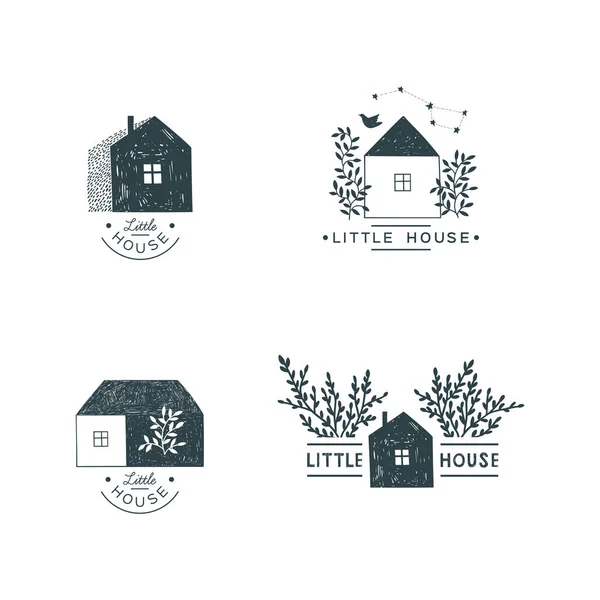 Ilustrações Desenhadas Mão Com Alma Simples Casas Conjunto Logotipos Doodle — Vetor de Stock