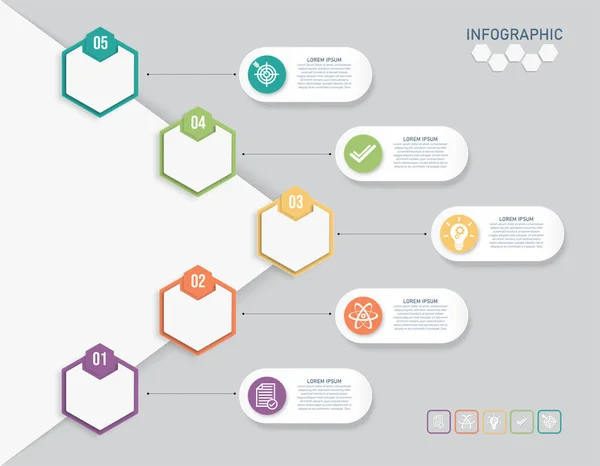 Πολύχρωμο Πρότυπο Infographic Στοιχεία Εξαγωνική Επιχειρηματική Ιδέα Επιλογές Βήματα Διαδικασίες — Διανυσματικό Αρχείο