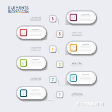 İş akışı düzeni sunumu için renkli bilgi ögeleri şablonu, 6 seçeneği, adımı veya süreci ve pazarlaması olan iş konsepti kullanılabilir.