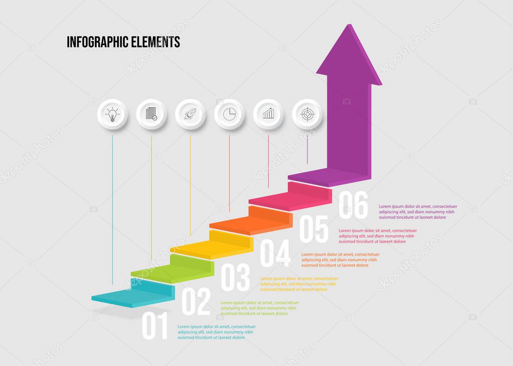 Modern colorful 3d stair infographic elements design with 6 options. steps or processes and marketing can be used for workflow layout and presentation.