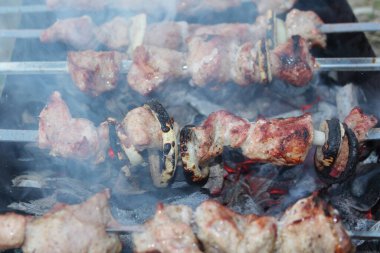 Şiş kebap için et parçaları şiş şiş dumanla kızartılır. Doğadaki ülke eğlencesi