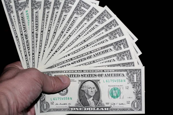 Американські Долари Руках Рука Тримає Один Доларовий Рахунок Викладений Вентиляторі — стокове фото