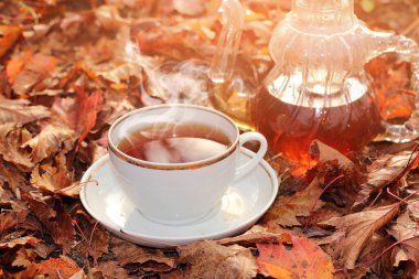 Bir fincan sıcak çay ve sarı sonbahar yaprakları üzerinde bir çaydanlık sabah güneşinin parlak ışığında.