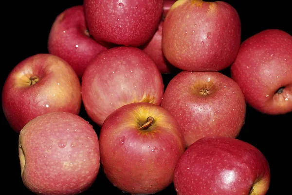 Mogna Röda Äpplen Med Vattendroppar Huden Svart Bakgrund Foto — Stockfoto