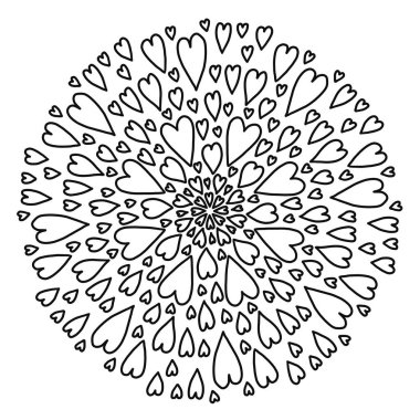 Mandala yuvarlak sevgililer günü danteli kalpler hisleri sever hava çizgili karalama kitap sayfası siyah beyaz arkaplan