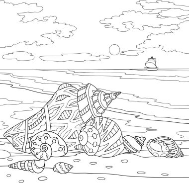 Deniz kabukları, okyanus boyama kitabını dalgalandırıyor. Siyah beyaz su.