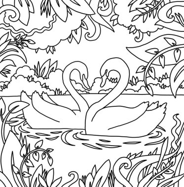 Lake Forest Park 'ta yüzen iki kuğu doğa sakin boyama sayfası siyah beyaz sanat terapisi psikolojisi