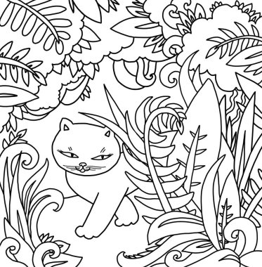 Orman kedisi gizemli yürüyüş eğreltiotu ağaçları boyama sayfa kitabı siyah beyaz sanat terapisi rahatlama psikolojisi