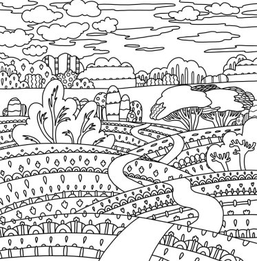 Orman alanları şirin çizgili karalama kitap sayfası siyah beyaz arkaplan