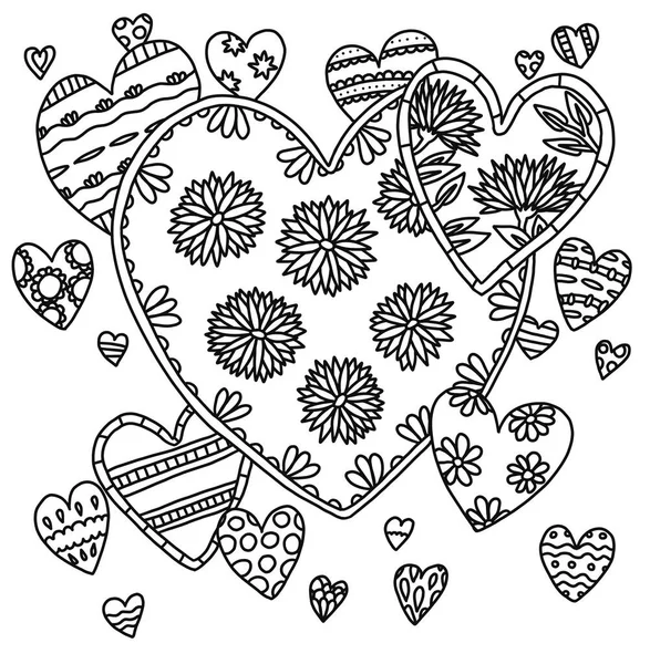 Kalpler, çiçek açan romantik çiçekleri sever. Çizgili karalama kitap sayfası. Siyah beyaz arka plan sanat terapisi.