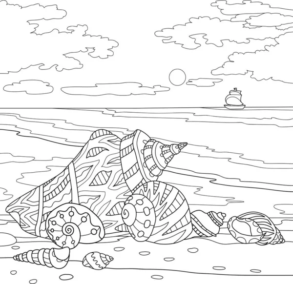 貝殻海船波海色帳水黒と白 — ストックベクタ