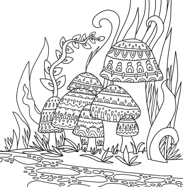 Champignons Mignon Doublé Doodle Forêt Coloriage Livre Page Fond Noir — Image vectorielle