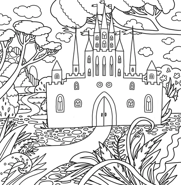 Castle Cute Lined Doodle Forest Coloring Book Page Black White — Stock Vector