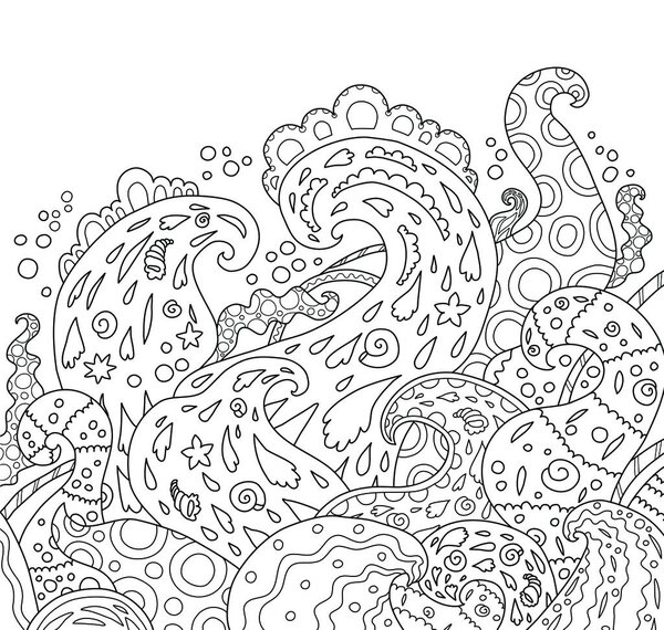 sea waves shell shells cartoon ornate curl ethnic pattern coloring page book black and white art therapy relax psychology