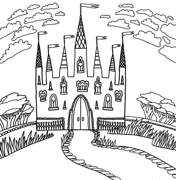 Kasteel Schattig Gevoerde Doodle Bos Bomen Wolken Kleurboek Pagina Zwart — Stockvector