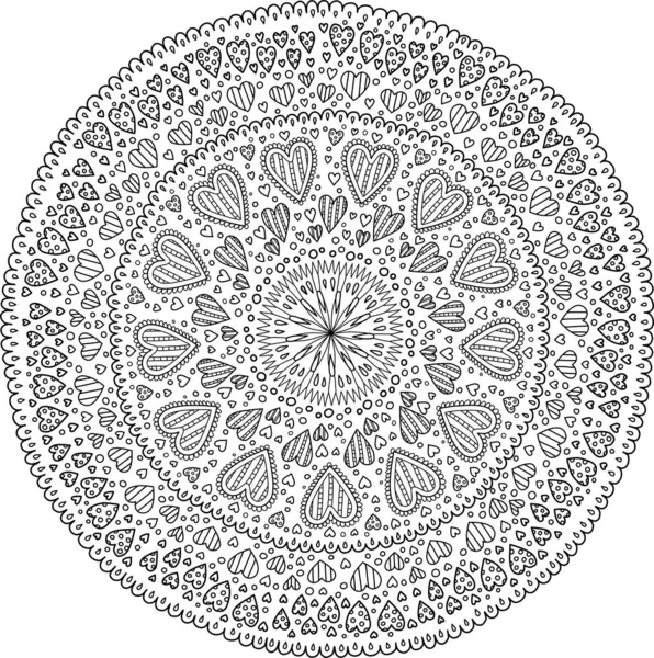 Mandala 'nın kalbi sevgililer gününü sever. Güzel karalama boyama kitabı. Doğrusal siyah-beyaz kıvrım sanat terapisi sayfası.