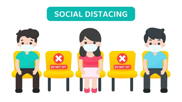Social Distancing Vector Cartoon People Sitting Chair Spaced Others Preventing — Stock Vector