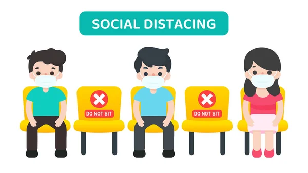 Social Distancing Vector Cartoon People Sitting Chair Spaced Others Preventing — Stock Vector