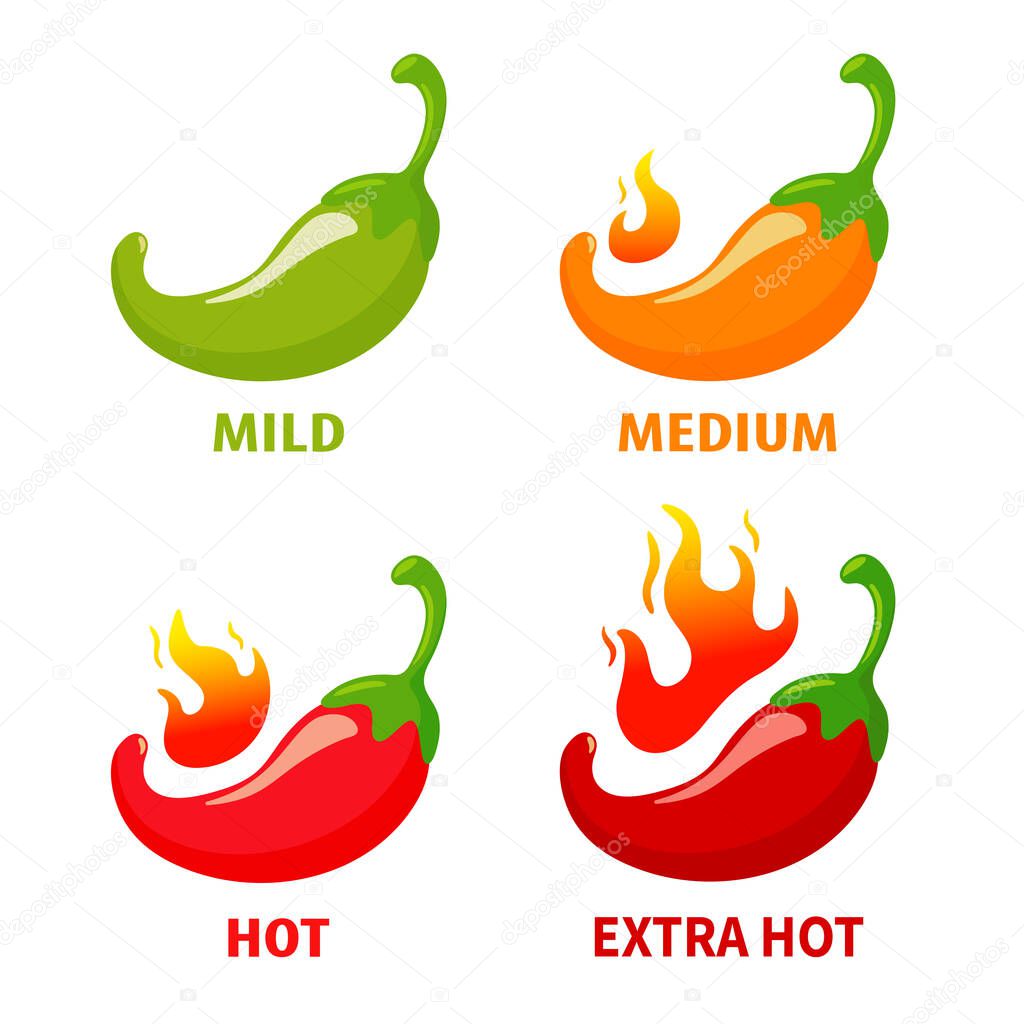 Vector chili peppers that are hot until the fire burns. Spicy Mexican style food. isolate on white background.