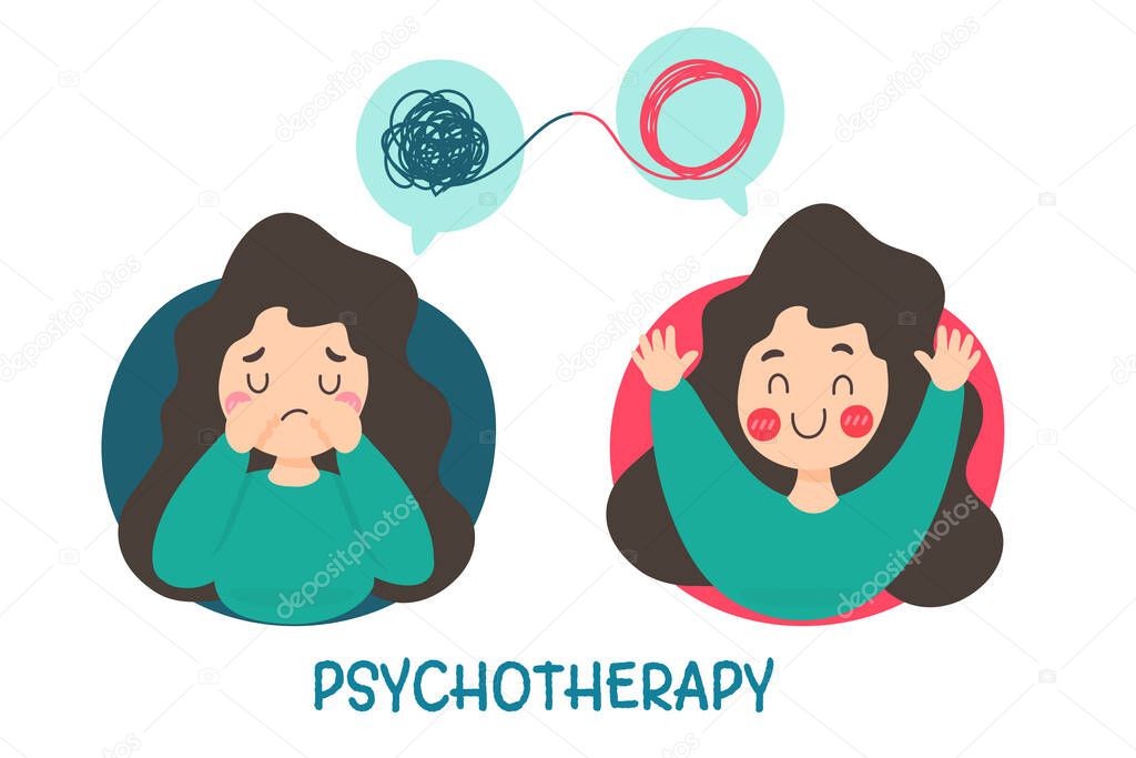 Psychotherapy. A woman with mental problems causes sadness and needs treatment in order to have a good mood.