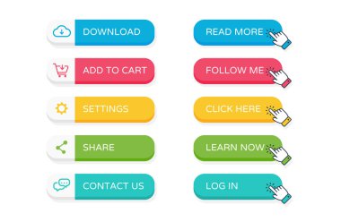 Düz web sitesi düğmeleri ve buraya tıklayan el faresi imleci