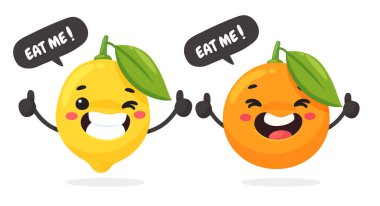 C vitamini içeren vektör karikatür meyveleri beyaz arka planda izole edilmiş mutlu limon ve portakallar.