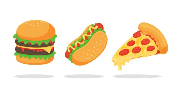 Zestaw Szybkiej Obsługi Hot Dog Hamburgery Pizza Popularne Amerykańskie Jedzenie — Wektor stockowy
