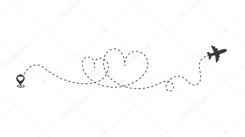 Plane route That travels in a dotted line of double hearts For a trip to the honeymoon.