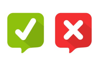 Yeşil işaretli ve kırmızı işaretli kutuda yanlış. Doğru ya da yanlış