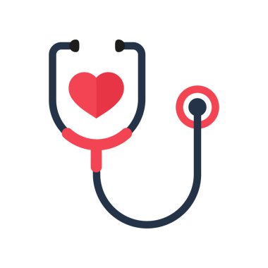 Stetoskop ikonu, hastaları tedavi etmek için bir doktor aracı, hastanın hayatını kurtarmak için şekillendirilmiş kırmızı bir kalp..