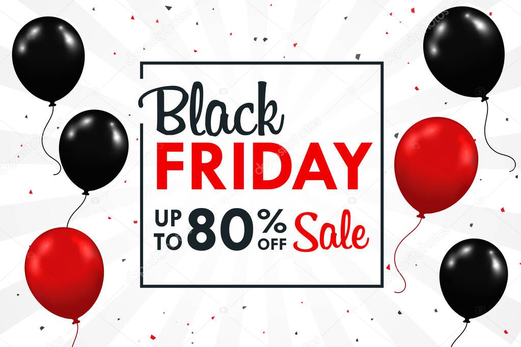 Black and red balloons floating sideways With BlackFriday promotional text box over the weekend