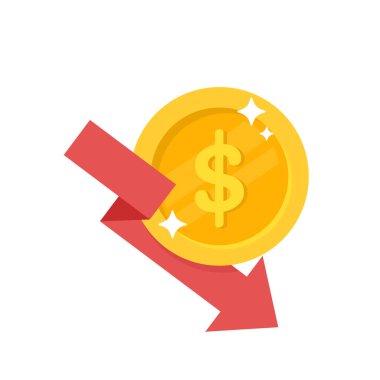 Aşağıya doğru giden kırmızı ok iş kaybı çizelgesi. Kenarına bir dolar yerleştirilmiş..