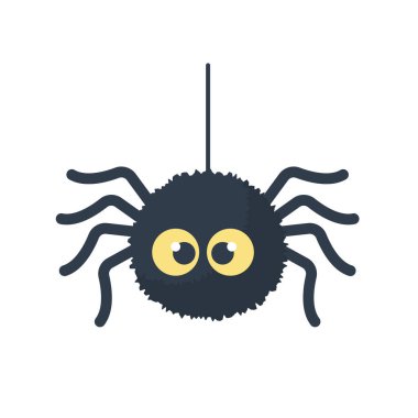 Yukarıda örümcek ağlarıyla asılı şirin bir çizgi film örümceği. Beyaz arkaplanda izole.