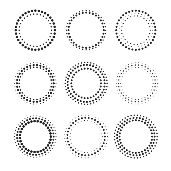 Beautiful Circular Dot Frames Black Dot Halftone Isolated White Background — Stock Vector
