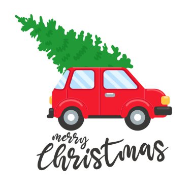 Noel arabası. Kırmızı kamyonet Noel ağacı taşıyor..