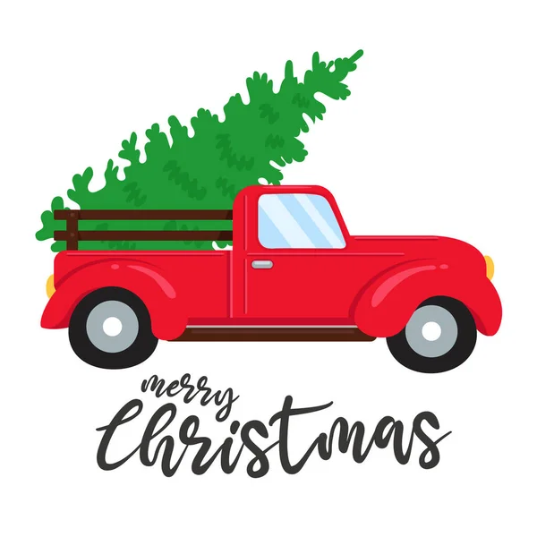 Vánoční Auto Červený Pickup Náklaďák Nesoucí Vánoční Stromek — Stockový vektor
