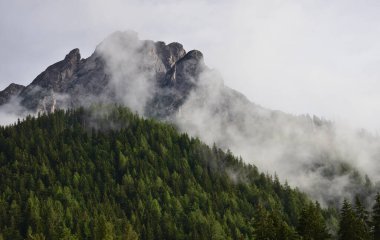 Sasso del Signore 'de akşam sisi ve Braies vadisinde orman.