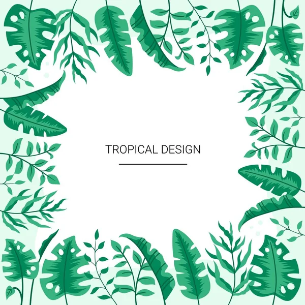 Marco con hojas verdes tropicales. Diseño floral para la tarjeta de invitación para una boda, cumpleaños y otras fiestas. Diseño dibujado a mano vectorial . — Vector de stock