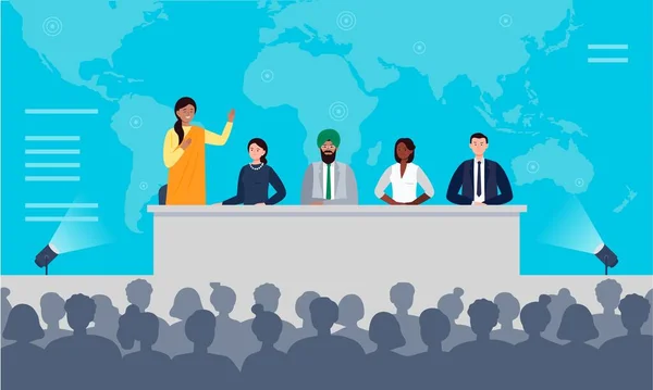 Conférence de presse internationale concept. Un groupe multiethnique de personnes est assis au bureau sur scène. Une Indienne a un discours devant le public. Illustration vectorielle plate. — Image vectorielle