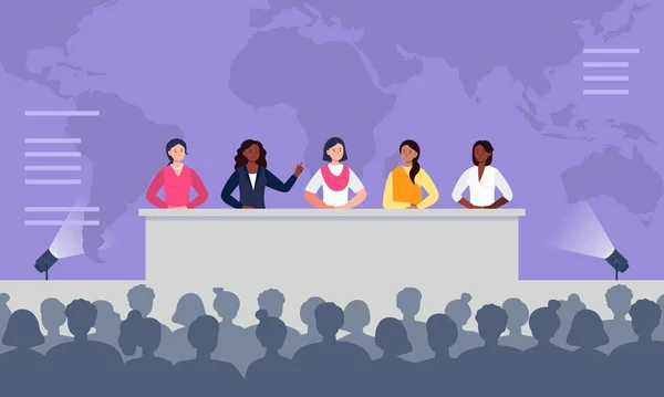 Multiethnic women sitting at the desk on stage and speak to an audience. Debates, international press conference. Global women conference concept. Flat vector illustration. — Stock Vector