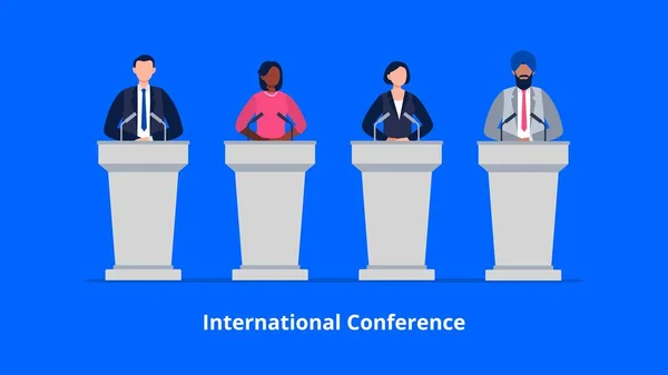 A multicultural group of speakers stands on the tribunes. Politics, debates, or international press conference. Man and woman public speaking concept. Flat vector illustration. — Stock Vector