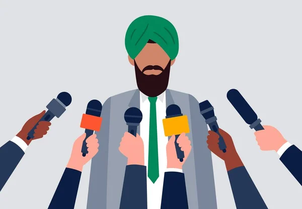 Live-Bericht, Live-Nachrichtenkonzept. Ein indischer Geschäftsmann gibt ein Interview. Viele Hände von Journalisten mit Mikrofonen. Ein Interview mit einem Geschäftsmann. Flache Vektorabbildung. — Stockvektor