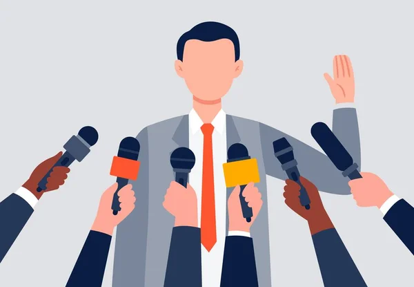 Live report, live news concept. A man giving an interview. Many hands of journalists with microphones. An interview with a businessman. Flat vector illustration. — Stock Vector