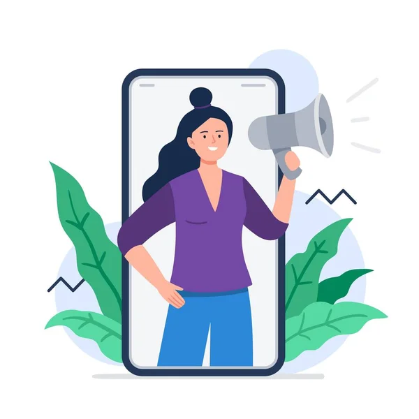 Een vrouw die megafoon schreeuwt. Verwijs naar een vriendschapsconcept. Verwijzingsmarketing. Trendy vlakke vector illustratie voor banners, landing page template, mobiele app. — Stockvector