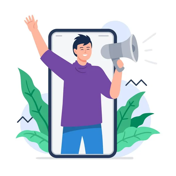 Um homem a gritar megafone. Consulte um conceito de amigo. Marketing de referência. Ilustração de vetor plana na moda para banners, modelo de landing page, aplicativo móvel . —  Vetores de Stock