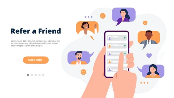 Referral program concept. Hands holding a phone with contacts of friends. Social media marketing for friends. Trendy flat vector illustration for banners, landing page template, mobile app. — Stock Vector