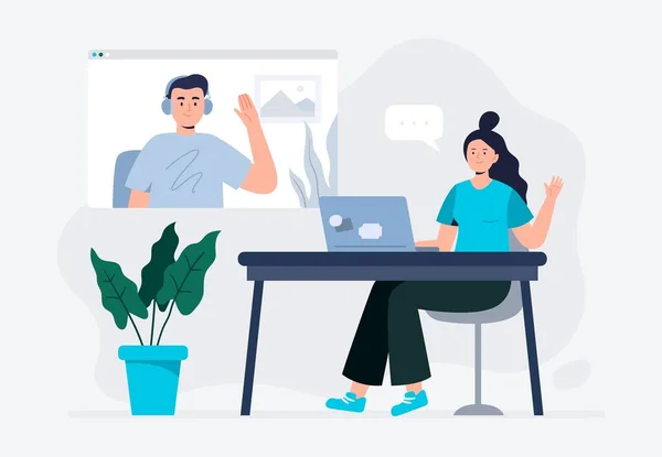 Een vrouw en een man ontmoeten elkaar online met een videoconferentie op een laptop. Video bellen met een vriend of collega. Freelance, werken vanuit huis, en werken van overal. Trendy vlakke vector illustratie. — Stockvector