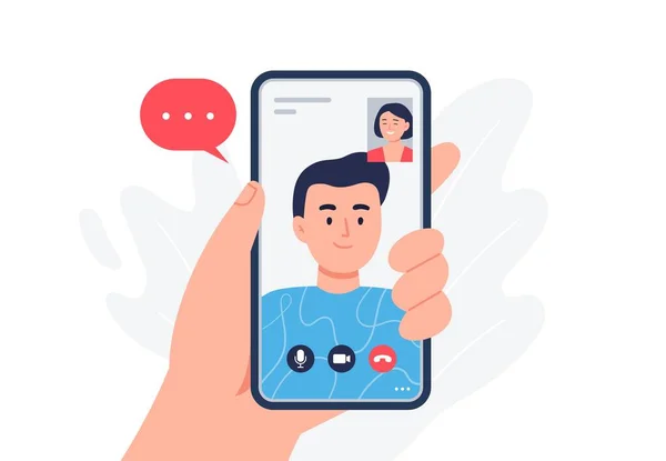 A hand holds a smartphone with a video chat. A young man speaks with the woman. Video conference concept for banners, websites, infographics. Trendy flat vector illustration. — Stock Vector